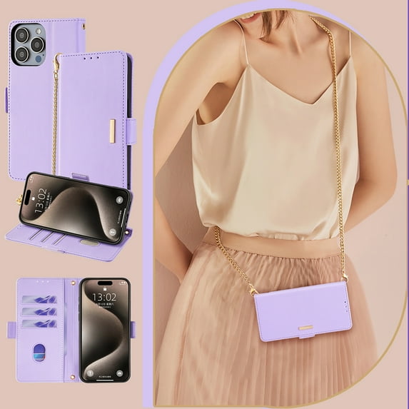 Allytechgroup Wallet Phone Case for Apple iPhone 12 Pro / iPhone 12, with Hand Wrist + Metal Shoulder Strap Cards Holders RFID Blocking Magnetic Closure Stand Flip Cover for Girls Women, Purple