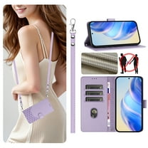 Allytechgroup Wallet Phone Case for Apple iPhone 13, RFID Blocking Crossbody Shoulder Strap   Hand Wrist Flip Cover Stand Credit Cards Holder Protective Case for Girls Women, Purple