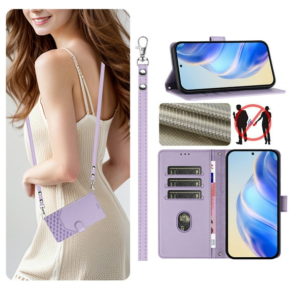 Allytechgroup Wallet Phone Case for Apple iPhone 13, RFID Blocking Crossbody Shoulder Strap + Hand Wrist Flip Cover Stand Credit Cards Holder Protective Case for Girls Women, Purple