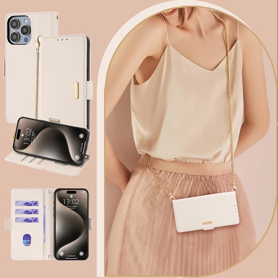 Allytechgroup Wallet Phone Case for Apple iPhone 14, with Hand Wrist + Metal Shoulder Strap Cards Holders RFID Blocking Magnetic Closure Stand Flip Cover for Girls Women, White