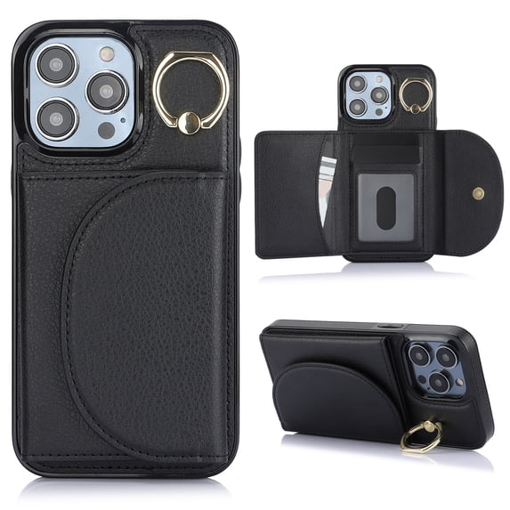 Allytechgroup Wallet Phone Case for Apple iPhone 14 Pro Max, Shockproof PU Leather TPU iPhone 14 Pro Max Case with Card Holder & Ring Stand Protective iPhone 14 Pro Max Cover, Black