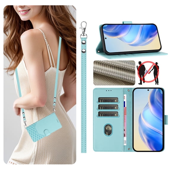 Allytechgroup Wallet Phone Case for Apple iPhone 15 Plus, RFID Blocking Crossbody Shoulder Strap + Hand Wrist Flip Cover Stand Credit Cards Holder Protective Case for Girls Women, Mint