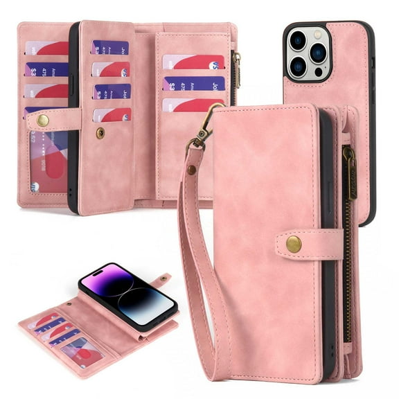 Allytechgroup Wallet Phone Case for Apple iPhone 16, 2 in 1 Design Detachable Magnetic Back Cover Compatible Magsafe Car Mount Multiple Cards Holder Shockproof RFID Blocking Hand Wrist Case, Pink