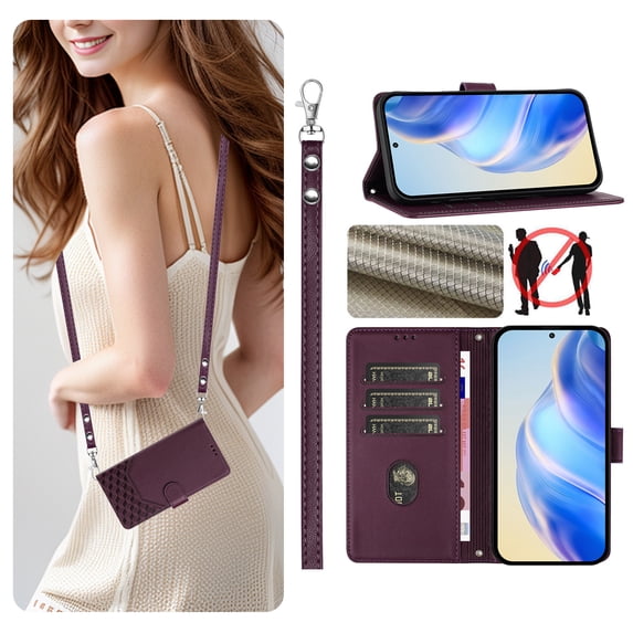 Allytechgroup Wallet Phone Case for Apple iPhone 16, RFID Blocking Crossbody Shoulder Strap + Hand Wrist Flip Cover Stand Credit Cards Holder Protective Case for Girls Women, Darkpurple