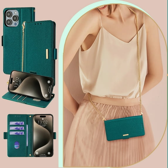 Allytechgroup Wallet Phone Case for Apple iPhone X/ iPhone XS, with Hand Wrist + Metal Shoulder Strap Cards Holders RFID Blocking Magnetic Closure Stand Flip Cover for Girls Women, Green