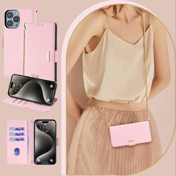 Allytechgroup Wallet Phone Case for Apple iPhone X/ iPhone XS, with Hand Wrist + Metal Shoulder Strap Cards Holders RFID Blocking Magnetic Closure Stand Flip Cover for Girls Women, Pink