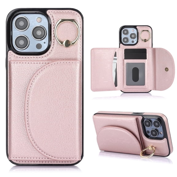 Allytechgroup Shockproof Leather Wallet Cell Phone Case with Card Holder and Ring Stand for Apple iPhone XS/X, Rosegold