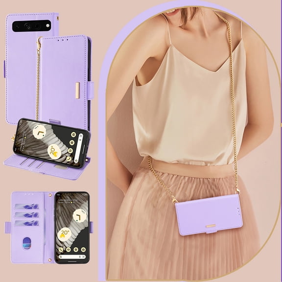 Allytechgroup Wallet Phone Case for Google Pixel 6, PU Leather Cards Slots RFID Blocking Flip Cover Metal Strap Hand Wrist Shockproof Stylish Case for Women Girls, Purple