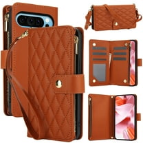 Allytechgroup Wallet Phone Case for Google Pixel 9 / 9 Pro, PU Leather Cover with Card Holder, Zipper Pocket, RFID Blocking, Shockproof with Crossbody Strap & Hand Wrist Stand Feature, Brown