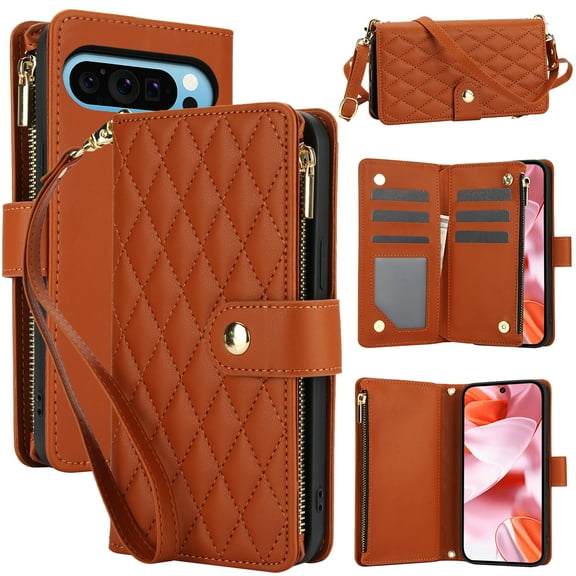 Allytechgroup Wallet Phone Case for Google Pixel 9 / 9 Pro, PU Leather Cover with Card Holder, Zipper Pocket, RFID Blocking, Shockproof with Crossbody Strap & Hand Wrist Stand Feature, Brown