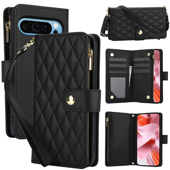 Allytechgroup Wallet Phone Case for Google Pixel 9A, PU Leather Cover with Card Holder, Zipper Pocket, RFID Blocking, Shockproof with Crossbody Strap & Hand Wrist Stand Feature, Black