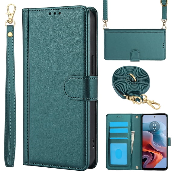 Allytechgroup Wallet Phone Case for Moto G Play 4G 2024, Built-in Credit Card Slot Shoulder Strap Wrtst Strap PU Leather RFID Blocking Shockproof Full Body Cover for Women Girls, Green