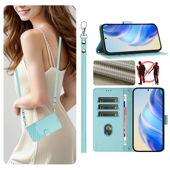 Allytechgroup Wallet Phone Case for Moto G Power (2025), RFID Blocking Crossbody Shoulder Strap + Hand Wrist Flip Cover Stand Credit Cards Holder Protective Case for Girls Women, Mint