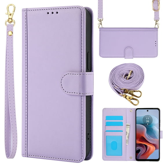 Allytechgroup Wallet Phone Case for Moto G Power 5G 2024, Built-in Credit Card Slot Shoulder Strap Wrtst Strap PU Leather RFID Blocking Shockproof Full Body Cover for Women Girls, Purple