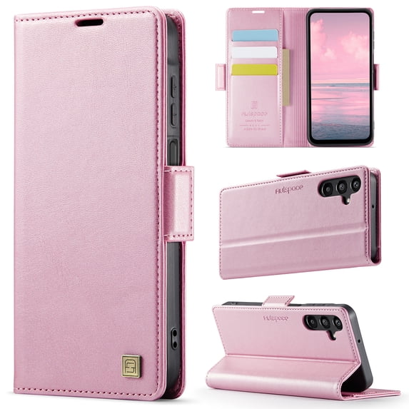 Allytechgroup Wallet Phone Case for Samsung Galaxy A14 5G with Credit Card Slot, RFID Blocking PU Leather Flip Case with Kickstand Support Wireless Charging Shockproof Bumper for Women Men, Rosegold