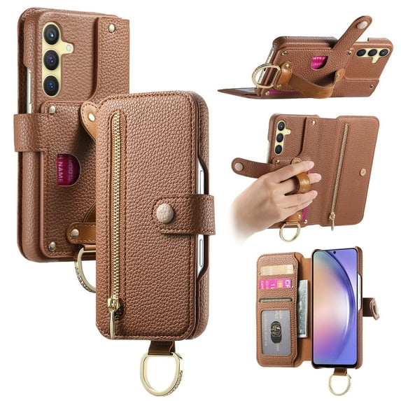 Allytechgroup Wallet Phone Case for Samsung Galaxy A15 with Credit Card Slot, PU Leather Phone Case RFID Blocking Stand Shockproof Full Body Protective Bumper for Women Girls, Brown
