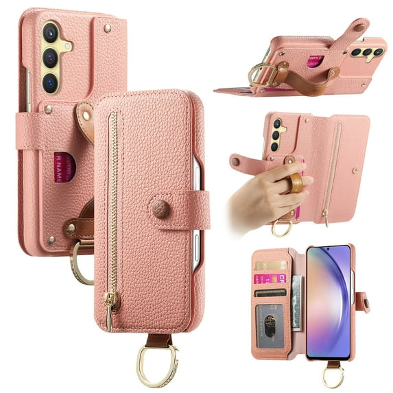 Allytechgroup Wallet Phone Case for Samsung Galaxy A16 5G, Premium PU Leather RFID Blocking Card Holder & Zipper Pocket Finger Grip Ring Kickstand Protective Cover for Women Men, Pink