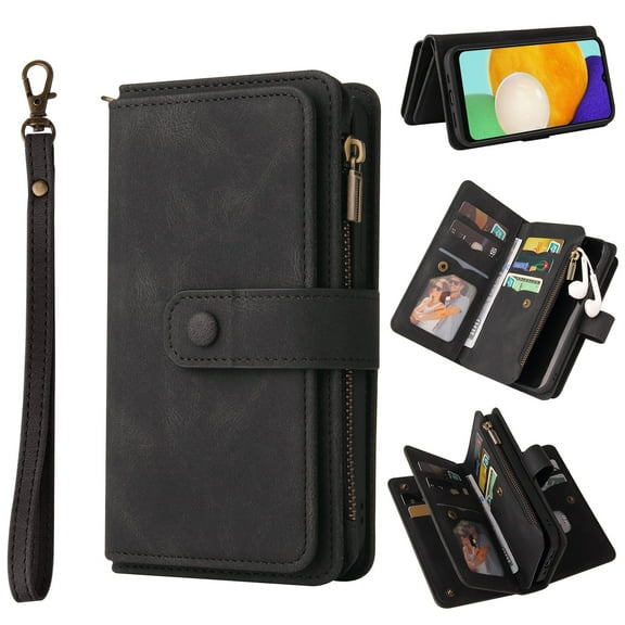 Allytechgroup Wallet Phone Case for Samsung Galaxy S10E, Premium Vintage PU Leather Zipper Folio Kickstand Zipper Pocket Case with Hand Strap for Samsung Galaxy S10E, Black