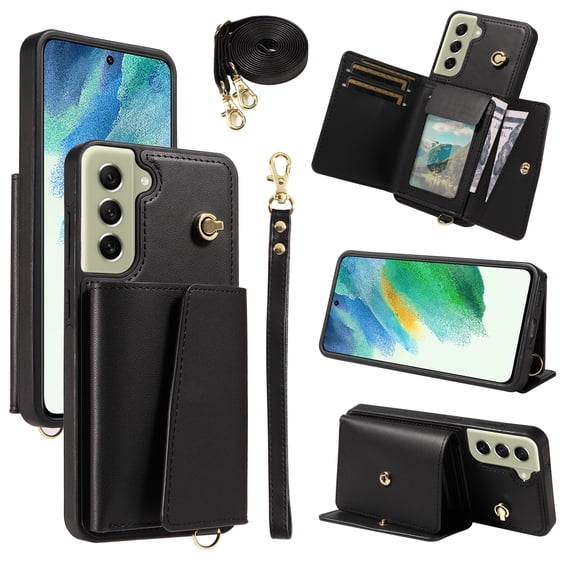 Allytechgroup Wallet Phone Case for Samsung Galaxy S21 FE, Built-in Shoulder Strap Lanyard Stand RFID Blocking Shockproof Protective Back Cover for Samsung Galaxy S21 FE, Black