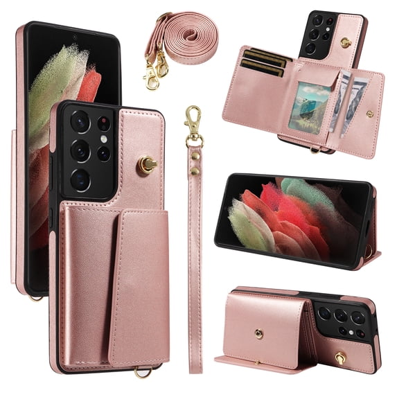 Allytechgroup Wallet Phone Case for Samsung Galaxy S21 Ultra, Built-in Shoulder Strap Lanyard Stand RFID Blocking Shockproof Protective Back Cover for Samsung Galaxy S21 Ultra, Rosegold