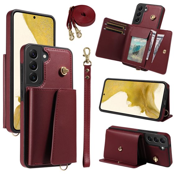 Allytechgroup Wallet Phone Case for Samsung Galaxy S22 Plus, Built-in Shoulder Strap Lanyard Stand RFID Blocking Shockproof Protective Back Cover for Samsung Galaxy S22 Plus, Winered