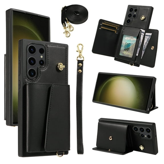 Allytechgroup Wallet Phone Case for Samsung Galaxy S23 Ultra, Built-in Shoulder Strap Lanyard Stand RFID Blocking Shockproof Protective Back Cover for Samsung Galaxy S23 Ultra, Black