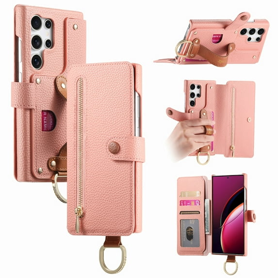 Allytechgroup Wallet Phone Case for Samsung Galaxy S23 Ultra with Credit Card Slot, PU Leather Phone Case RFID Blocking Stand Shockproof Full Body Protective Bumper for Women Girls, Pink