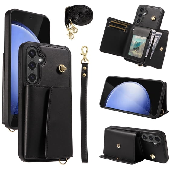 Allytechgroup Wallet Phone Case for Samsung Galaxy S24 FE, Built-in Shoulder Strap Lanyard Stand RFID Blocking Shockproof Protective Back Cover for Samsung Galaxy S24 FE, Black