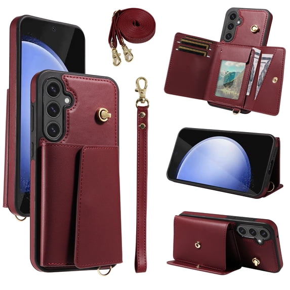 Allytechgroup Wallet Phone Case for Samsung Galaxy S24 FE, Built-in Shoulder Strap Lanyard Stand RFID Blocking Shockproof Protective Back Cover for Samsung Galaxy S24 FE, Winered