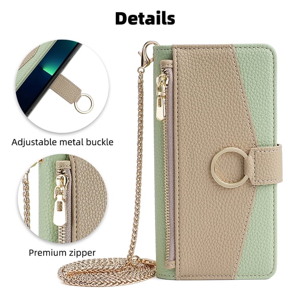 Allytechgroup Wallet Phone Case for Samsung Galaxy S24+, Zipper Pocket and Card Slots Stand Feature Ring Holder Back Cover with Metal Crossbody Shoulder Strap Stylish Case for Galaxy S24, Green