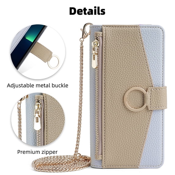Allytechgroup Wallet Phone Case for Samsung Galaxy S24+, Zipper Pocket and Card Slots Stand Feature Ring Holder Back Cover with Metal Crossbody Shoulder Strap Stylish Case for Galaxy S24, Blue