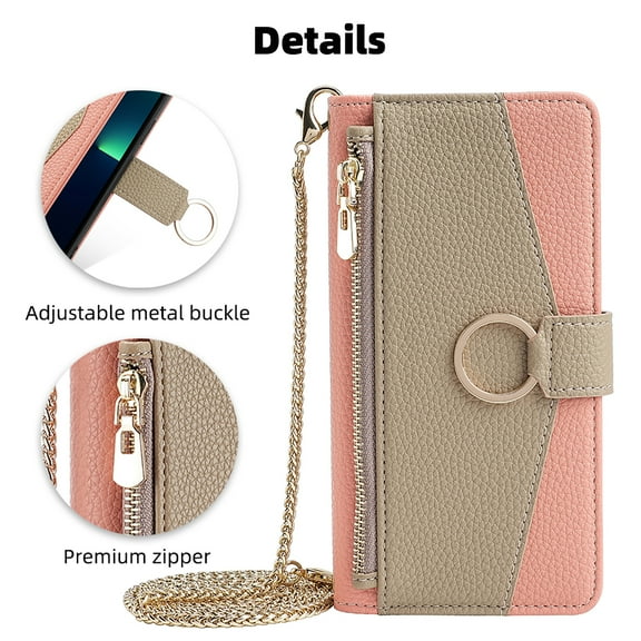 Allytechgroup Wallet Phone Case for Samsung Galaxy S25 FE, Zipper Pocket and Card Slots Stand Feature Ring Holder Back Cover with Metal Crossbody Shoulder Strap Stylish Case for Women Girls, Pink
