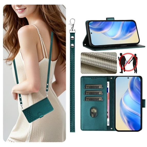Allytechgroup Wallet Phone Case for Samsung Galaxy S25+ Plus, RFID Blocking Crossbody Shoulder Strap + Hand Wrist Flip Cover Stand Credit Cards Holder Protective Case for Girls Women, Darkgreen