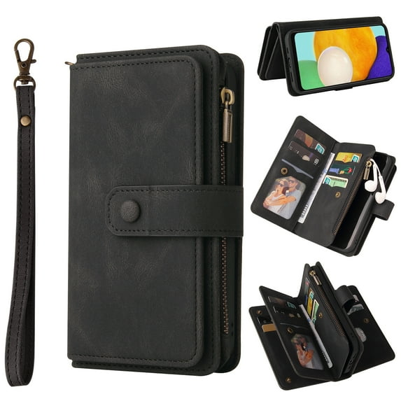 Allytechgroup Wallet Phone Case for Samsung Galaxy S25, Premium Vintage PU Leather Zipper Folio Kickstand Zipper Pocket Case with Hand Strap for Samsung Galaxy S25, Black