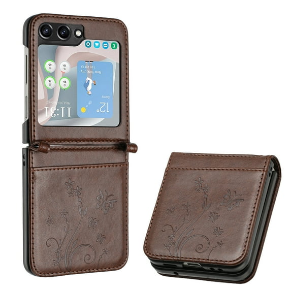 Allytechgroup Wallet Phone Case for Samsung Galaxy Z Flip 4 with Credit Card Slot, PU Leather Flip Case with Lanyard Kickstand for Women Girls Shockproof Back Cover for Galaxy Z Flip 4, Brown