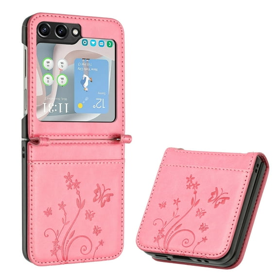 Allytechgroup Wallet Phone Case for Samsung Galaxy Z Flip 4 with Credit Card Slot, PU Leather Flip Case with Lanyard Kickstand for Women Girls Shockproof Back Cover for Galaxy Z Flip 4, Pink