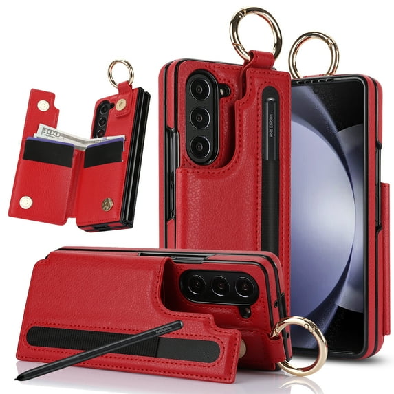 Allytechgroup Wallet Phone Case for Samsung Galaxy Z Fold 6 with Ring Holder & S Pen Holder, Premium PU Leather Bumper Shockproof Anti-Scratch Lightweight Case for Women Men, Red
