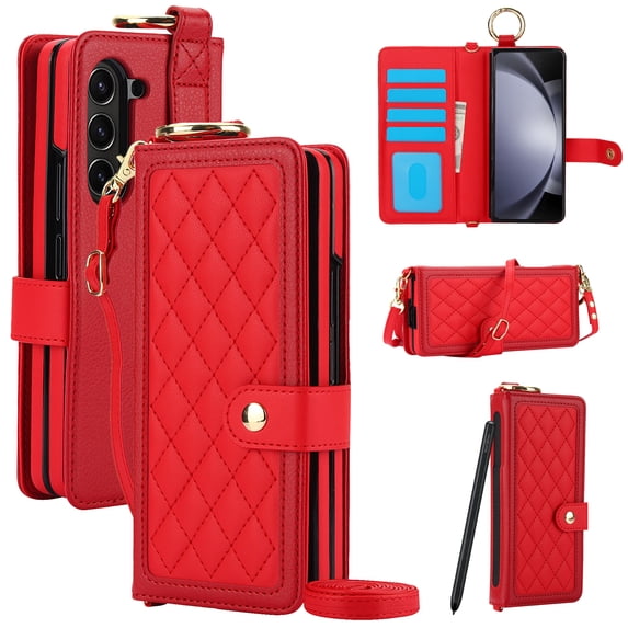 Allytechgroup Wallet Phone Case for Samsung Galaxy Z Fold 7, Crossbody Strap Cards Slots RFID Blocking Ring Holder + S Pen Holder Shockproof Protective Case Cover for Girls Women, Red