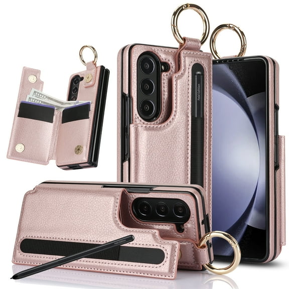 Allytechgroup Wallet Phone Case for Samsung Galaxy Z Fold 7 with Ring Holder & S Pen Holder, Premium PU Leather Bumper Shockproof Anti-Scratch Lightweight Case for Women Men, Rosegold