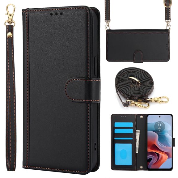 Allytechgroup Wallet Phone Case for iPhone 11 Pro, Built-in Credit Card Slot Shoulder Strap Wrtst Strap PU Leather RFID Blocking Shockproof Full Body Cover for Women Girls, Black