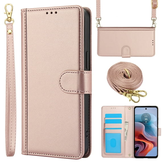 Allytechgroup Wallet Phone Case for iPhone 12 Pro / 12 6.1", Built-in Credit Card Slot Shoulder Strap Wrtst Strap PU Leather RFID Blocking Shockproof Full Body Cover for Women Girls, Rosegold