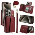 thumbnail image 1 of Allytechgroup Wallet Phone Case for iPhone 12 Pro Max, Built-in Shoulder Strap Lanyard Stand RFID Blocking Shockproof Protective Back Cover for iPhone 12 Pro Max, Winered, 1 of 7