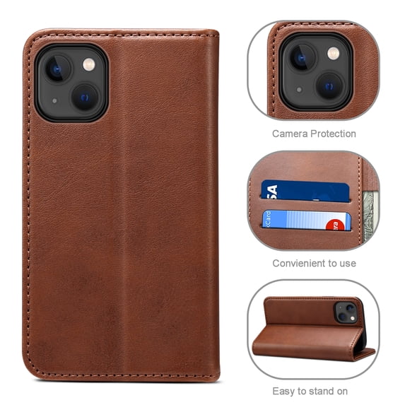 Allytechgroup Wallet Phone Case for iPhone 14, Folio PU Leather Wallet Case Stand with Card Slots Build - in Magnet Protective Cover for iPhone 14 6.1 inch, Brown