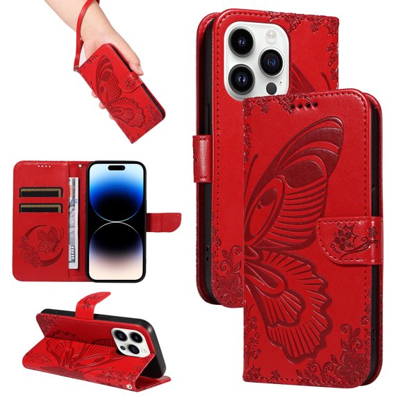 Allytechgroup Wallet Phone Case for iPhone 14 Pro Max with Credit Card Slot, PU Leather Flip Case with Lanyard for Women Girls Military Grade Drop Protection for iPhone 14 Pro Max, Red