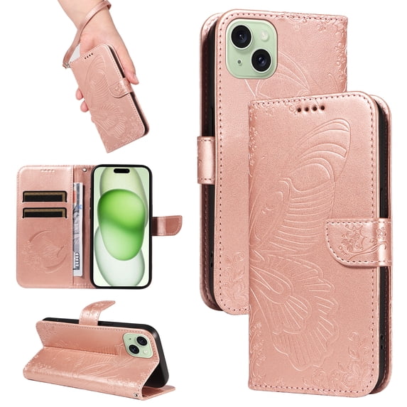 Allytechgroup Wallet Phone Case for iPhone 15 with Credit Card Slot, PU Leather Flip Case with Lanyard for Women Girls Military Grade Drop Protection for iPhone 15, Rosegold
