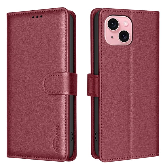 Allytechgroup Wallet Phone Case for iPhone 15, PU Leather Flip Phone Case with Credit Card Slot & kickstand Military Grade Drop Protection Slim Shockproof Back Cover for Women Men, Red
