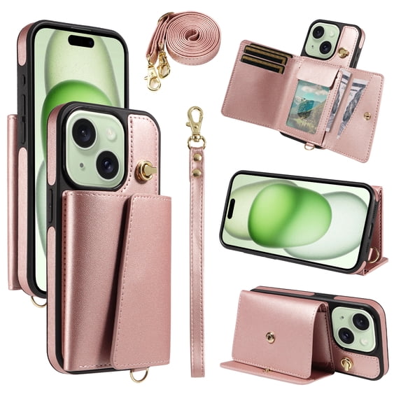 Allytechgroup Wallet Phone Case for iPhone 15 Plus, Built-in Shoulder Strap Lanyard Stand RFID Blocking Shockproof Protective Back Cover for iPhone 15 Plus, Rosegold