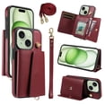 thumbnail image 1 of Allytechgroup Wallet Phone Case for iPhone 15 Plus, Built-in Shoulder Strap Lanyard Stand RFID Blocking Shockproof Protective Back Cover for iPhone 15 Plus, Winered, 1 of 7