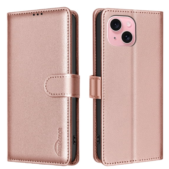 Allytechgroup Wallet Phone Case for iPhone 15 Plus, PU Leather Flip Phone Case with Credit Card Slot & kickstand Military Grade Drop Protection Slim Shockproof Back Cover for Women Men, Gold
