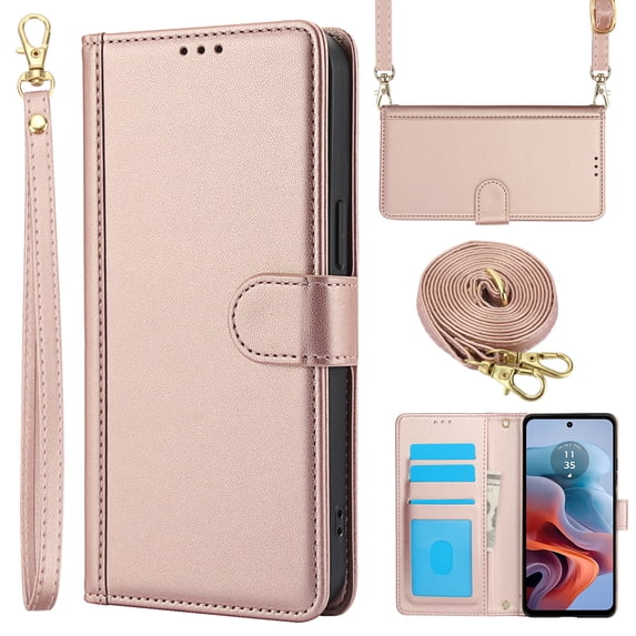 Allytechgroup Wallet Phone Case for iPhone 15 Pro Max, Built-in Credit Card Slot Shoulder Strap Wrtst Strap PU Leather RFID Blocking Shockproof Full Body Cover for Women Girls, Rosegold